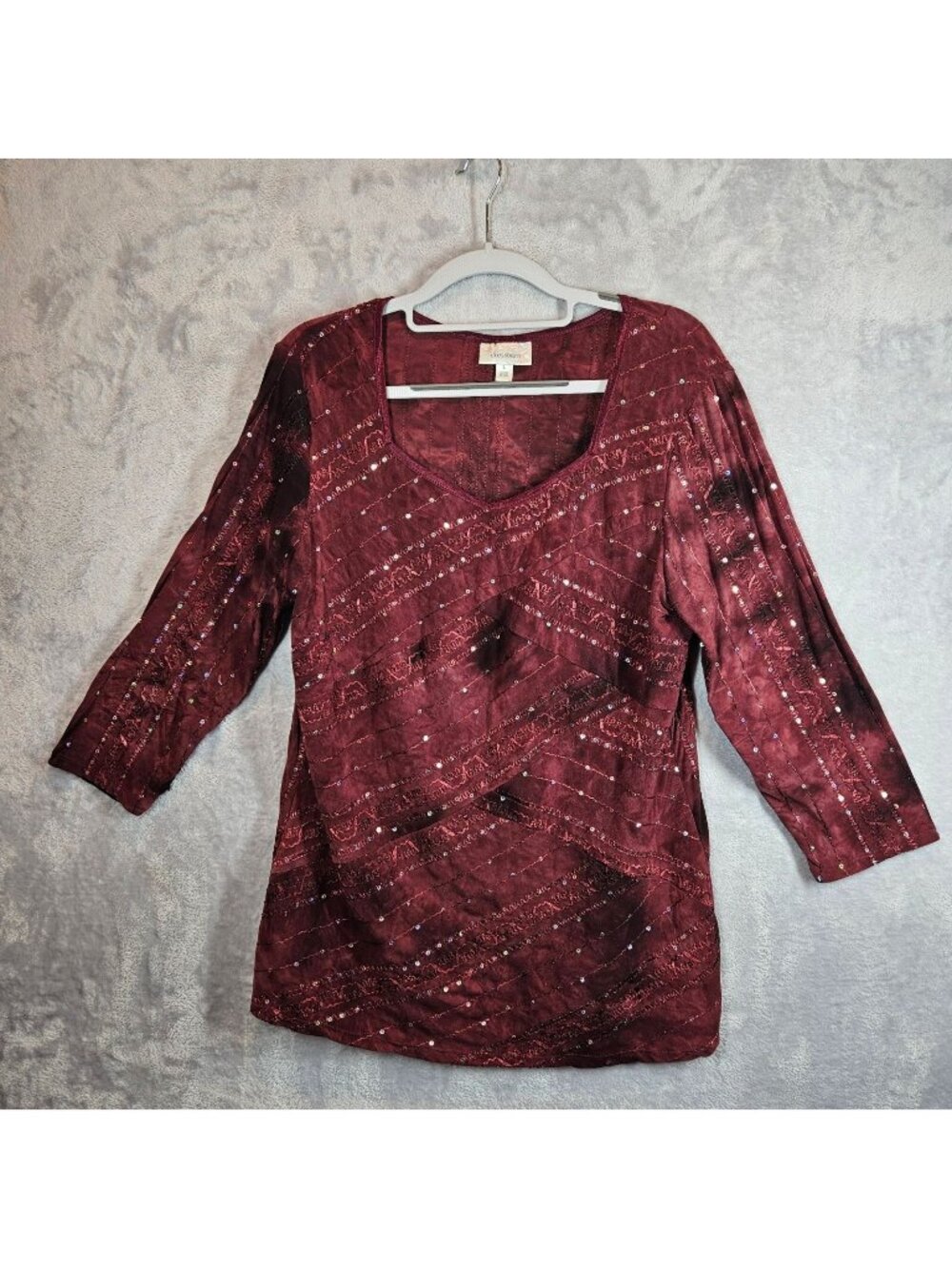 Dressbarn Burgundy Sequin Top Womens L  3/4 Sleeves Square Neckline career party